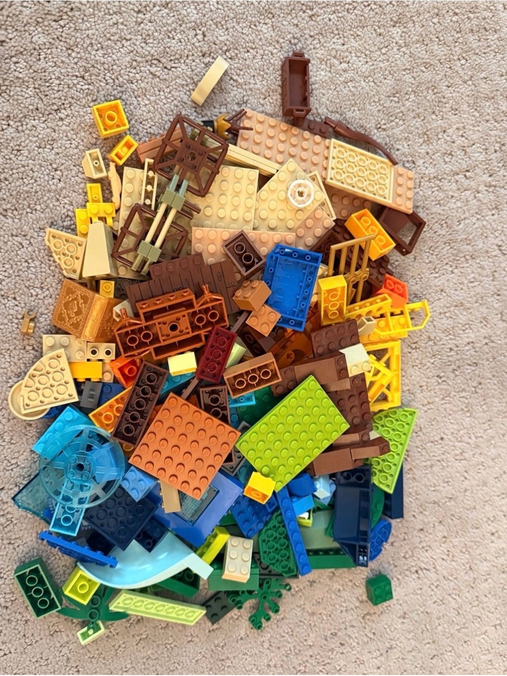 Lego Lot with Blue, Green, Brown, Yellow and Tan Pieces